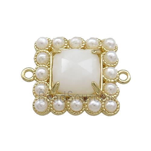 Copper Square Connector Pave White Moonstone Pearlized Resin Gold Plated