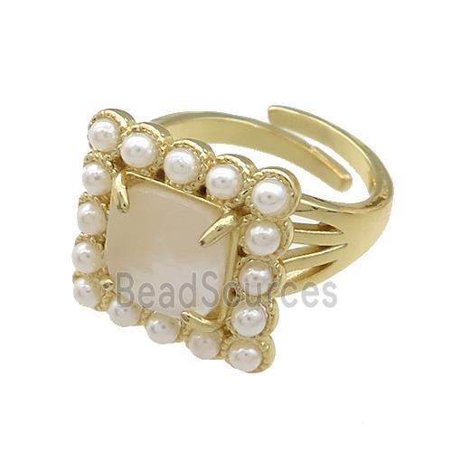 Copper Rings Pave White Shell Pearlized Resin Square Adjustable Gold Plated