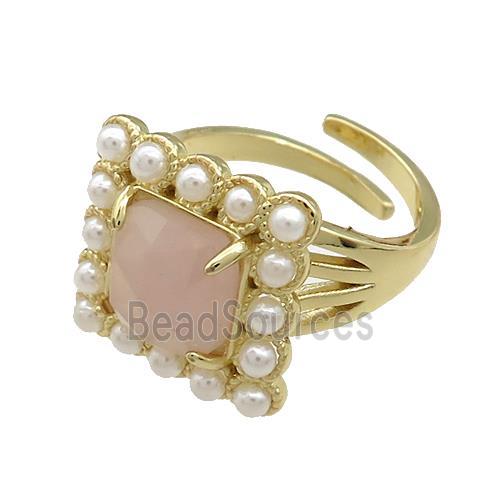 Copper Rings Pave Rose Quartz Pearlized Resin Square Adjustable Gold Plated