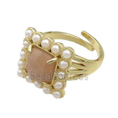 Copper Rings Pave Sunstone Pearlized Resin Square Adjustable Gold Plated