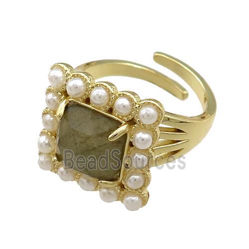 Copper Rings Pave Labradorite Pearlized Resin Square Adjustable Gold Plated