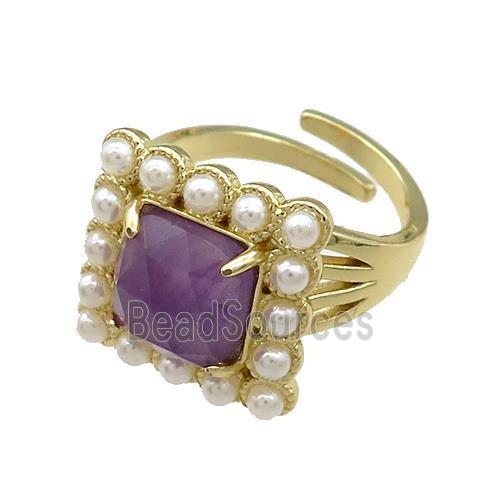 Copper Rings Pave Amethyst Pearlized Resin Square Adjustable Gold Plated