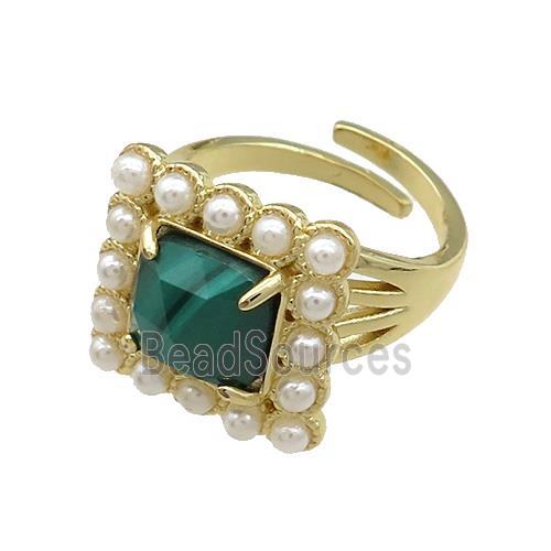 Copper Rings Pave Malachite Pearlized Resin Adjustable Square Gold Plated