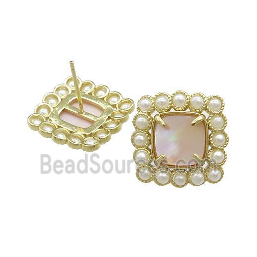 Copper Stud Earrings Pave Pink Queen Shell Pearlized Resin Square Gold Plated