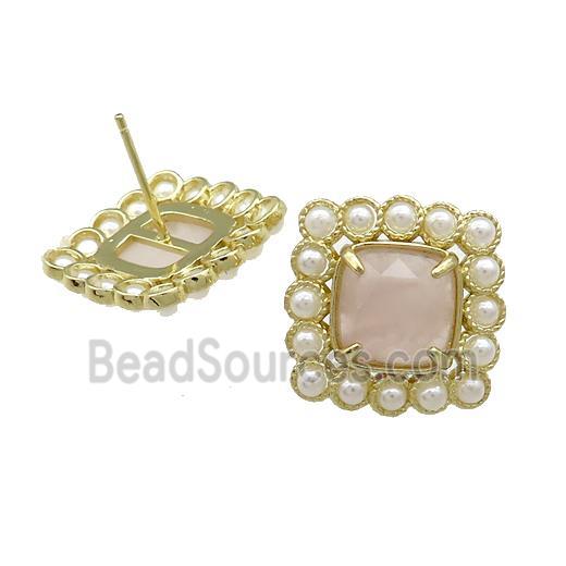 Copper Stud Earrings Pave Rose Quartz Pearlized Resin Square Gold Plated