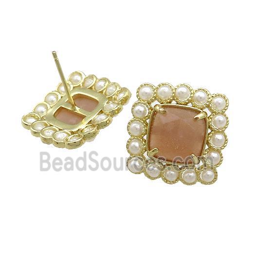 Copper Stud Earrings Pave Peach Sunstone Pearlized Resin Square Gold Plated