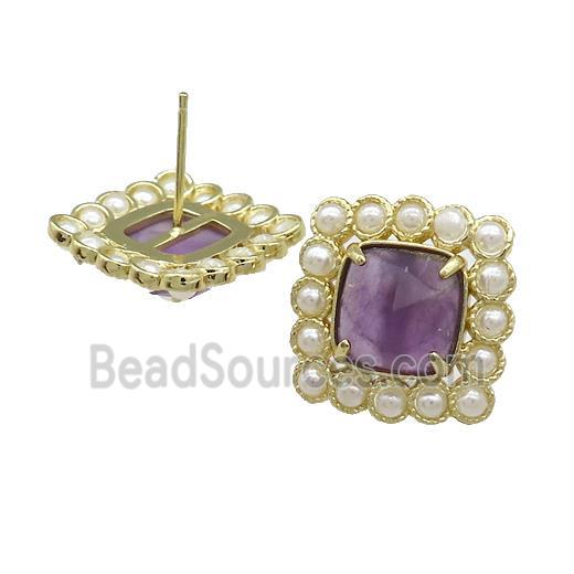 Copper Stud Earrings Pave Amethyst Pearlized Resin Square Gold Plated