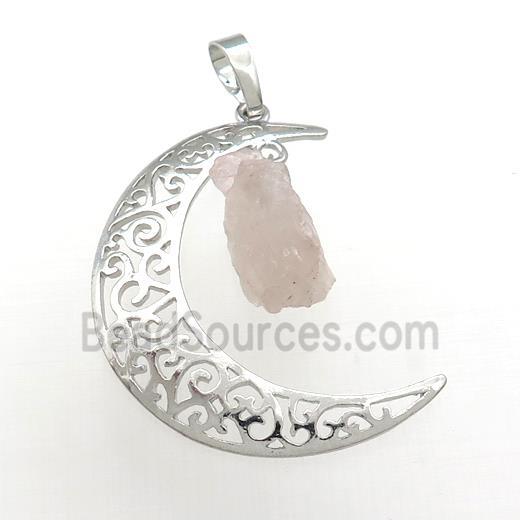 Copper Moon Pendant With Rose Quartz Platinum Plated