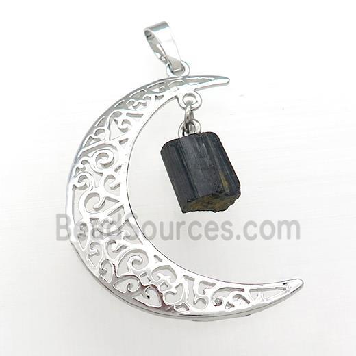 Copper Moon Pendant With Black Tourmaline Platinum Plated