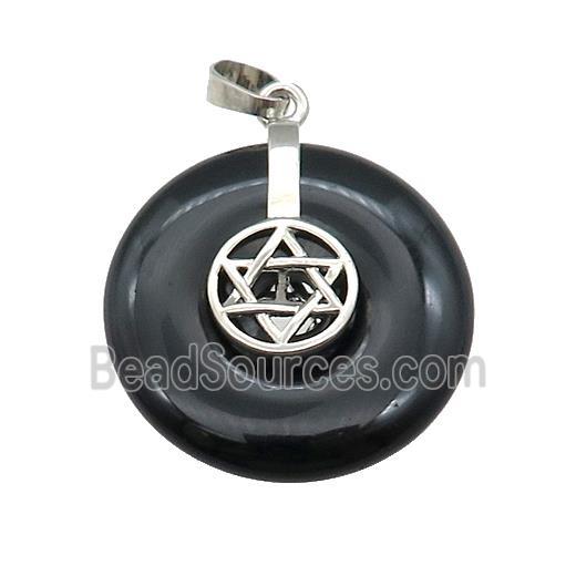 Natural Black Obsidian Donut Pendant With Alloy David Star