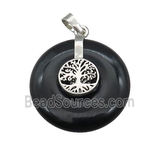 Natural Black Obsidian Donut Pendant With Alloy Tree Of Life
