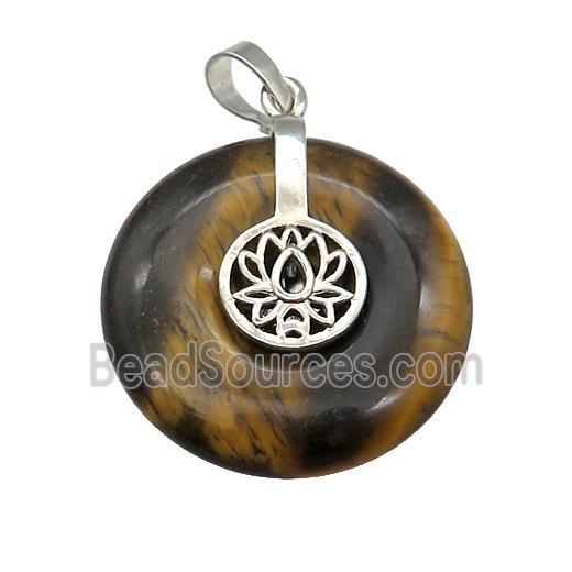 Natural Tiger Eye Stone Donut Pendant With Alloy Buddhist Lotus