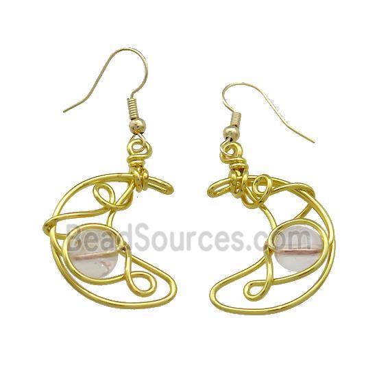 Copper Hook Earrings Moon With Clear Quartz Wire Wrapped Gold Plated
