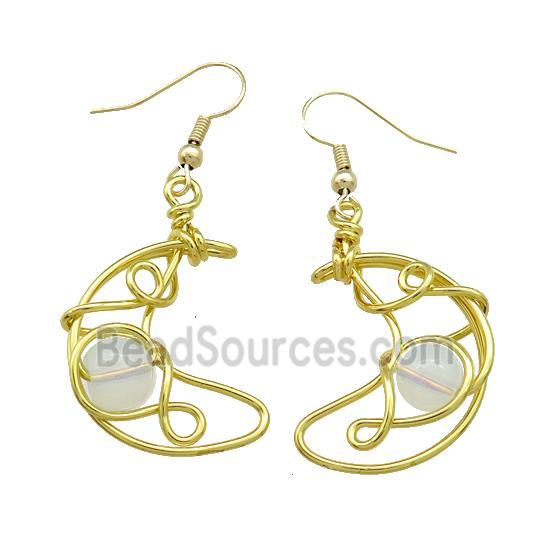 Copper Hook Earrings Moon With White Opalite Wire Wrapped Gold Plated
