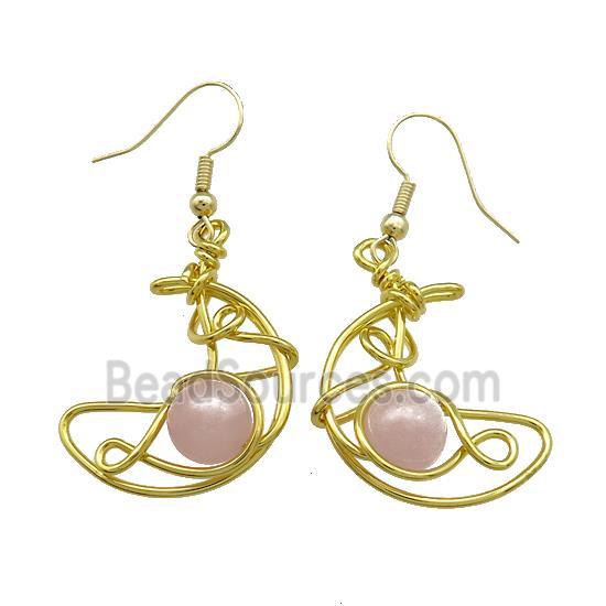 Copper Hook Earrings Moon With Rose Quartz Wire Wrapped Gold Plated