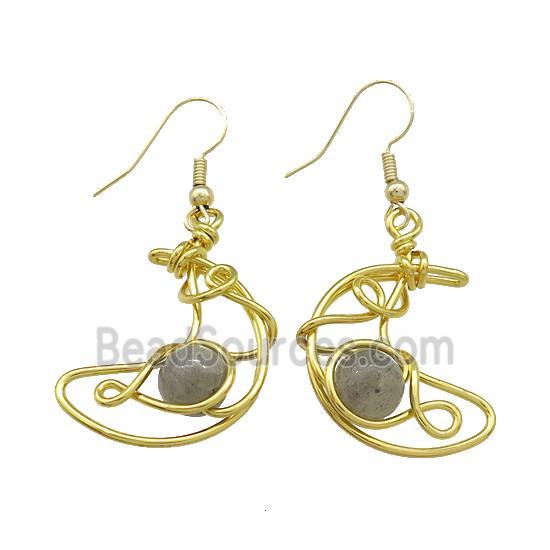 Copper Hook Earrings Moon With Labradorite Wire Wrapped Gold Plated