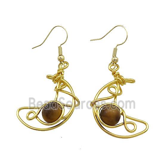 Copper Hook Earrings Moon With Tiger Eye Stone Wire Wrapped Gold Plated