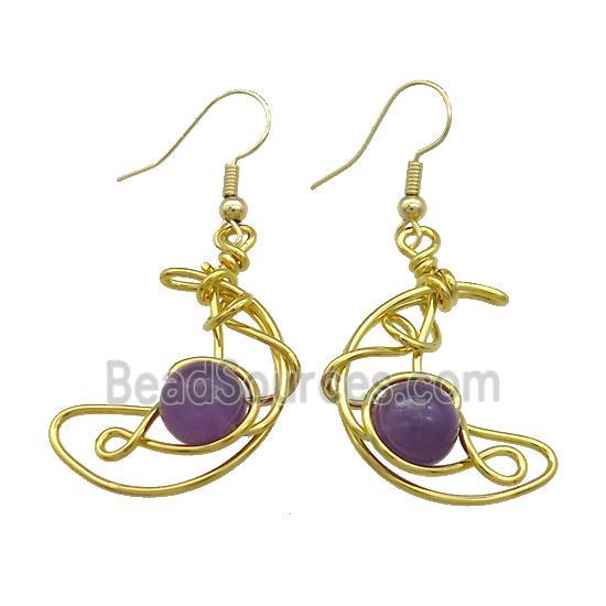 Copper Hook Earrings Moon With Purple Amethyst Wire Wrapped Gold Plated