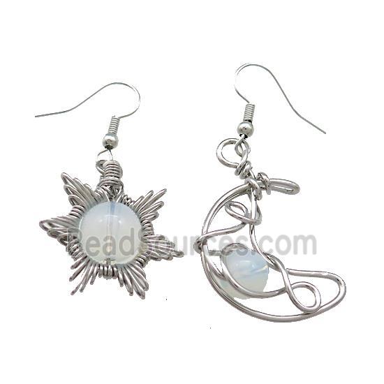 Copper Hook Earring Star Moon With Opalite Wire Wrapped Platinum Plated