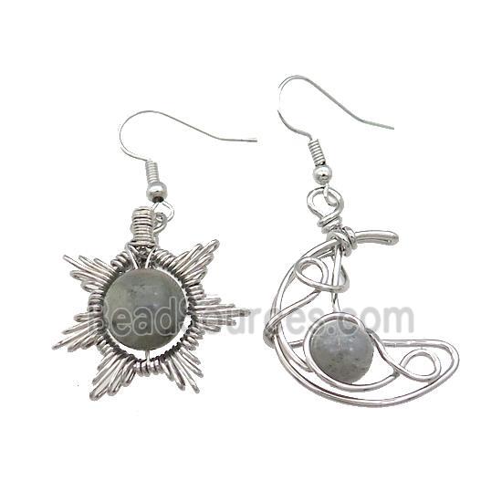 Copper Hook Earring Star Moon With Labradorite Wire Wrapped Platinum Plated