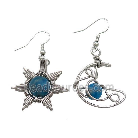 Copper Hook Earring Star Moon With Blue Apatite Wire Wrapped Platinum Plated