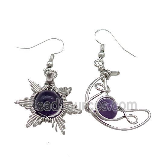 Copper Hook Earring Star Moon With Purple Amethyst Wire Wrapped Platinum Plated