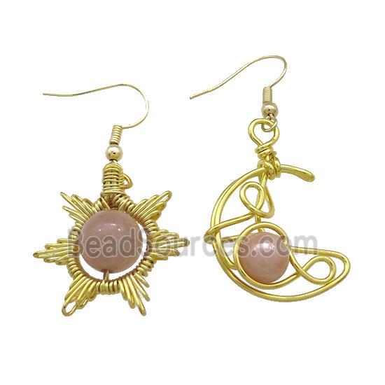 Copper Hook Earring Star Moon With Peach Moonstone Wire Wrapped Gold Plated