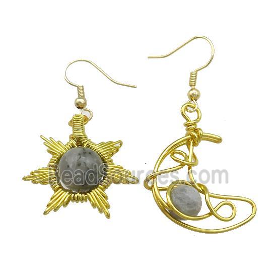 Copper Hook Earring Star Moon With Labradorite Wire Wrapped Gold Plated