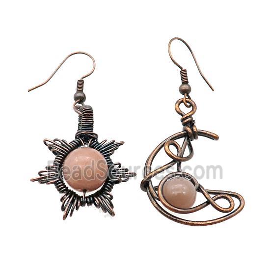 Copper Hook Earring Star Moon With Peach Moonstone Wire Wrapped Antique Red