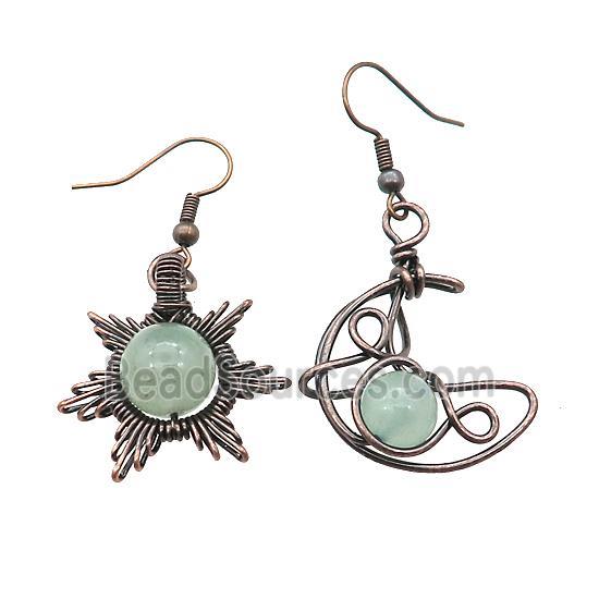 Copper Hook Earring Star Moon With Green Aventurine Wire Wrapped Antique Red