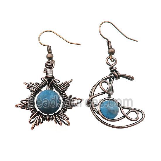 Copper Hook Earring Star Moon With Blue Apatite Wire Wrapped Antique Red