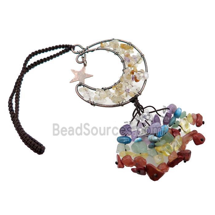 Citrine Moon Pendant Tassel With Chakra Gemstone Copper Wire Wrapped Antique Red