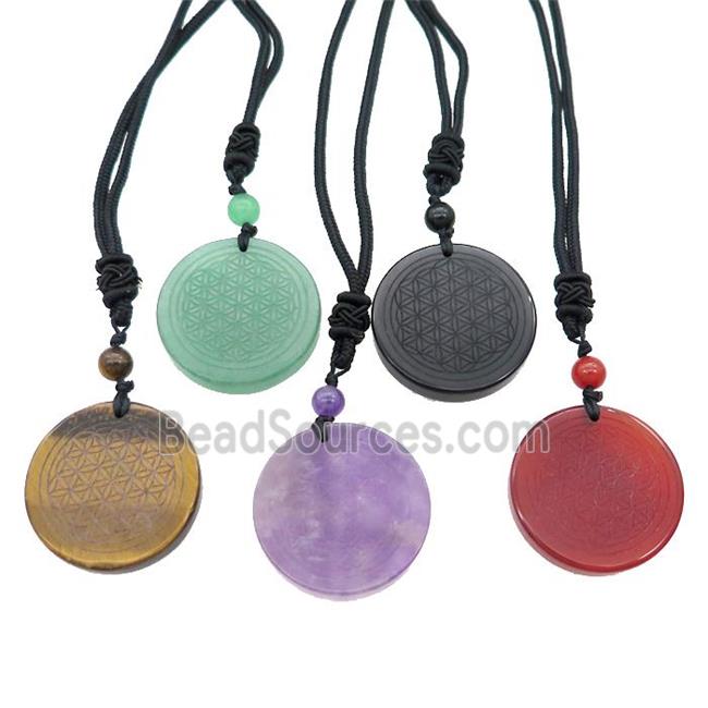 Gemstone Circle Necklace Flower Of Life Black Nylon Rope Cord Mixed