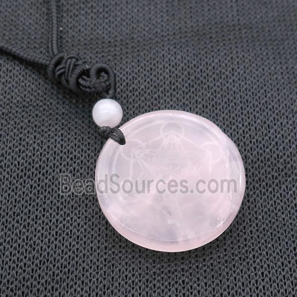 Pink Rose Quartz Circle Chakra Necklace Black Nylon Rope Cord