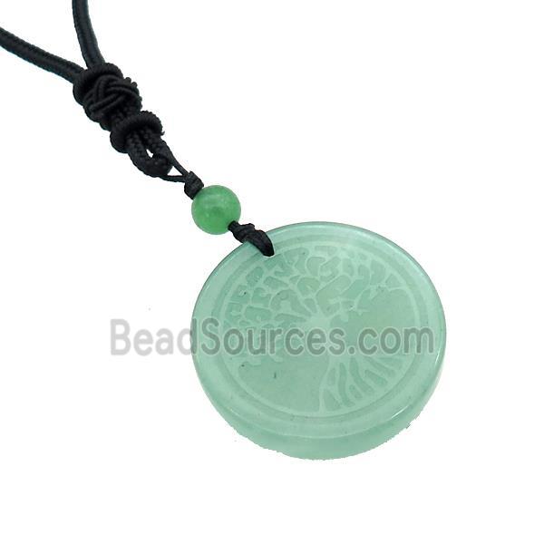 Green Aventurine Circle Necklace Tree Of Life Black Nylon Rope Cord