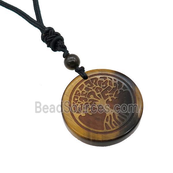 Tiger Eye Stone Circle Necklace Tree Of Life Black Nylon Rope Cord