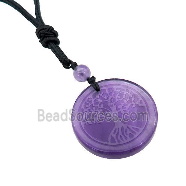 Purple Amethyst Circle Necklace Tree Of Life Black Nylon Rope Cord