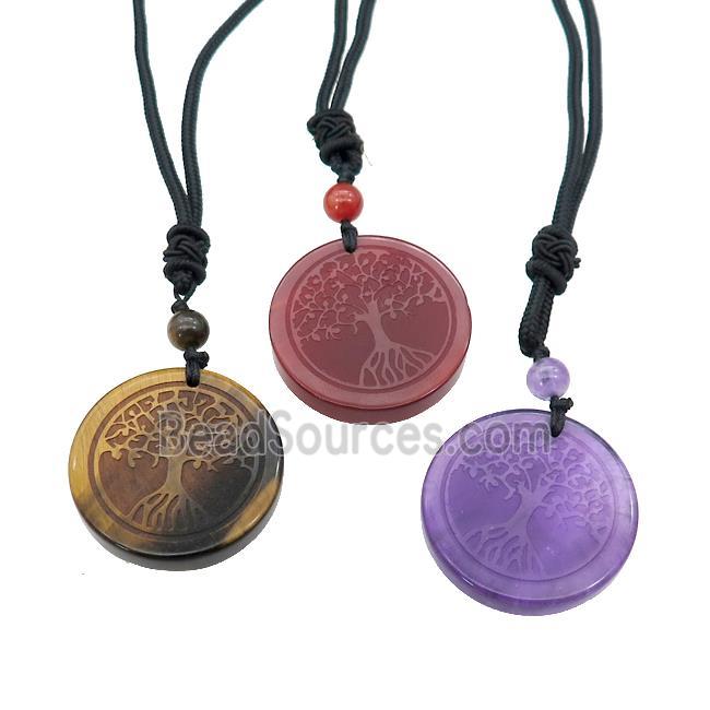 Gemstone Circle Necklace Tree Of Life Carved Black Nylon Rope Cord Mixed