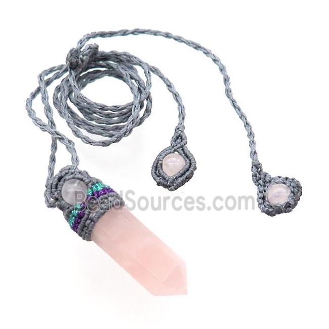 Pink Rose Quartz Prism Necklace Gray Fabric Rope Cord