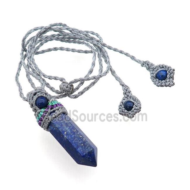 Blue Lapis Lazuli Prism Necklace Gray Fabric Rope Cord