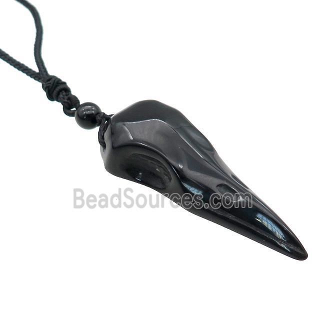 Black Obsidian Crow Skull Necklace Birds Black Nylon Rope Cord