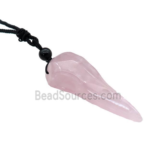 Pink Rose Quartz Crow Skull Necklace Birds Black Nylon Rope Cord