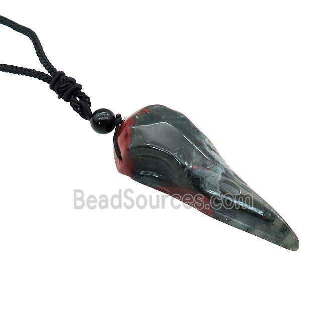 African Bloodstone Crow Skull Necklace Birds Black Nylon Rope Cord