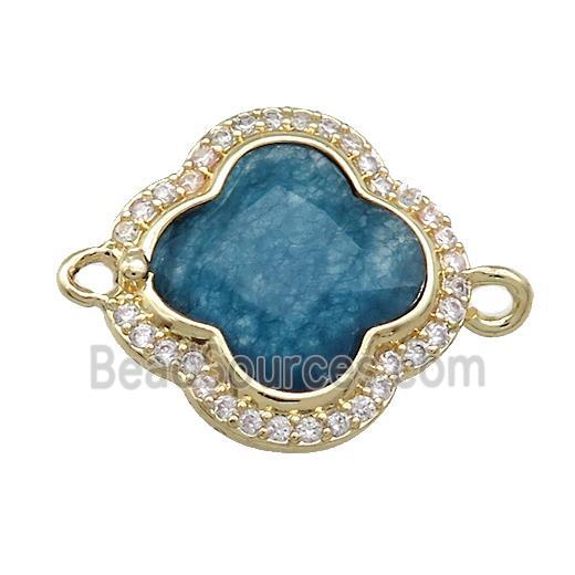 Jade Clover Connector Pave Zircon Teal Dye Gold Plated