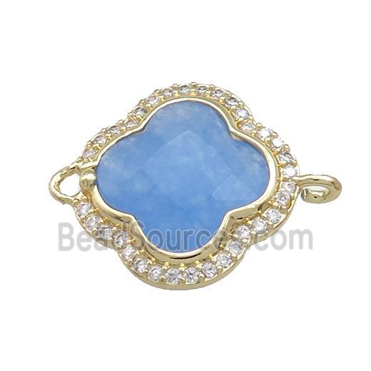 Jade Clover Connector Pave Zircon Blue Dye Gold Plated