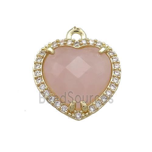 Pink Rose Quartz Heart Pendant Pave Zircon Gold Plated