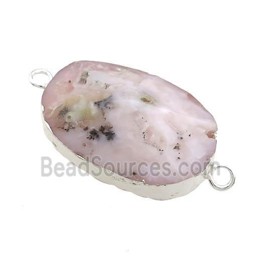 Pink Opal Oval Connector Pointed Silver Plated