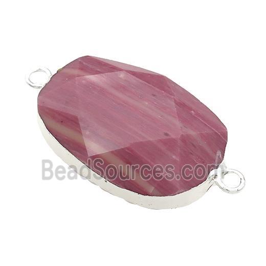 Pink Wood Lace Jasper Oval Connector Faceted Silver Plated