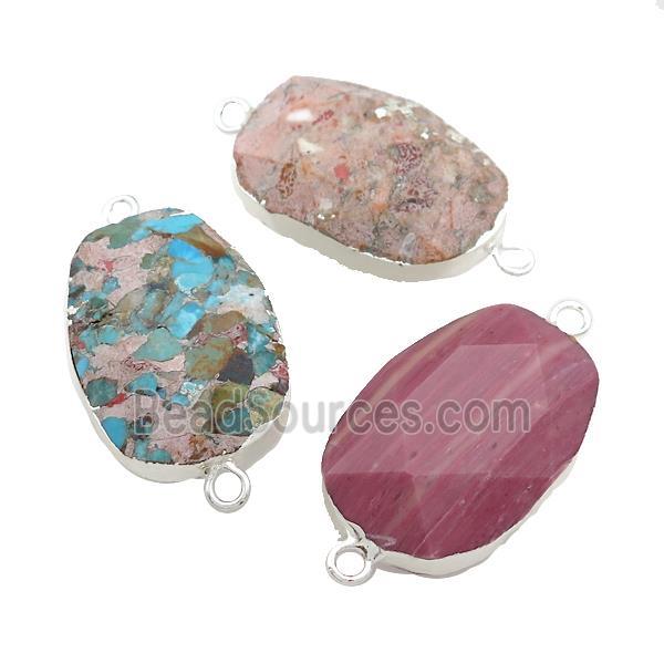 Mixed Gemstone Oval Connector Faceted Silver Plated