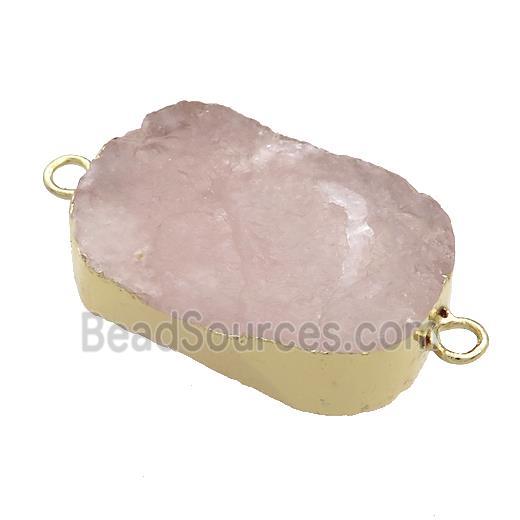 Pink Rose Quartz Oval Connector Rough Gold Plated